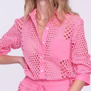 Heartloom Clio Eyelet Top Pink Button Down Long Sleeve Coverup size Medium